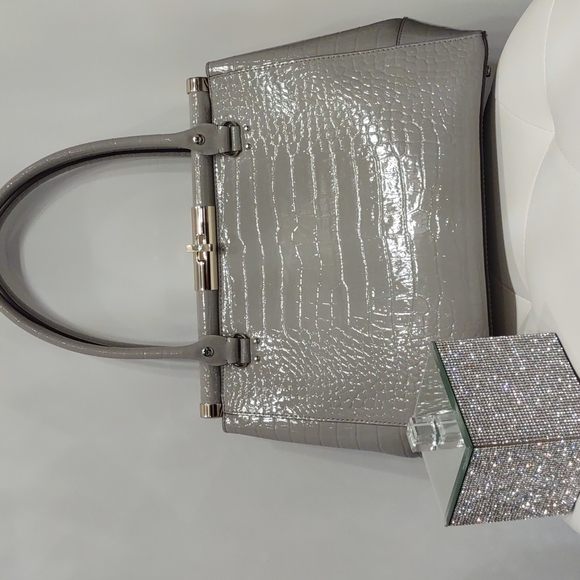 Kate Spade Constance Handbag Shiny Gray Patent Leather Croc Silver Large Purse